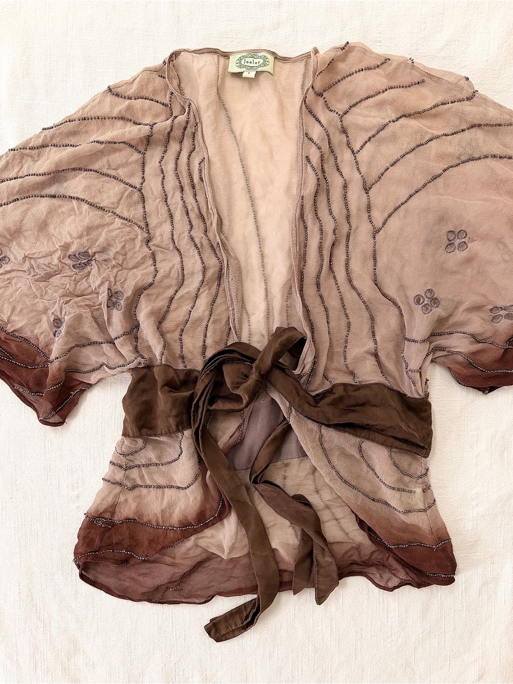 vintage brown silk beaded sheer boho tie top — kimono style 100% Silk by Joolay